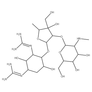 D-Streptamine, O-2-deoxy-2-(methylamino)-I+/--L-glucopyranosyl-(1a2)-O-5-deoxy-3-C-(hydroxymethyl)-I+/--L-lyxofuranosyl-(1a4)-N,Na(2)-bis(aminoiminomethyl)-6-deoxy- Structure