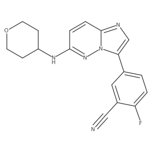 2-Fluoro-5-{6-[(oxan-4-yl)amino]imidazo[1,2-b]pyridazin-3-yl}benzonitrile结构式