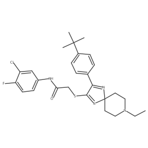 2-((3-(4-(tert-butyl)phenyl)-8-ethyl-1,4,8-triazaspiro[4.5]deca-1,3-dien-2-yl)thio)-N-(3-chloro-4-fluorophenyl)acetamide结构式