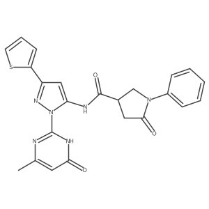 N-[2-(4-Methyl-6-oxo-1H-pyrimidin-2-yl)-5-thiophen-2-ylpyrazol-3-yl]-5-oxo-1-phenylpyrrolidine-3-carboxamide结构式