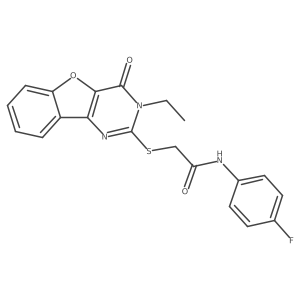 2-((3-ethyl-4-oxo-3,4-dihydrobenzofuro[3,2-d]pyrimidin-2-yl)thio)-N-(4-fluorophenyl)acetamide结构式