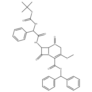 5-Thia-1-azabicyclo[4.2.0]oct-2-ene-2-carboxylic acid, 7-[[[[(1,1-dimethylethoxy)carbonyl]amino]phenylacetyl]amino]-3-(methylthio)-8-oxo-, diphenylmethyl ester, 5-oxide, [6R-[6I+/-,7I(2)(R*)]]-结构式