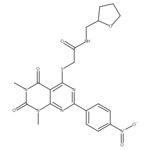 2-((6,8-dimethyl-2-(4-nitrophenyl)-5,7-dioxo-5,6,7,8-tetrahydropyrimido[4,5-d]pyrimidin-4-yl)thio)-N-((tetrahydrofuran-2-yl)methyl)acetamide Structure