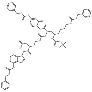 11-(2-(4-(((Benzyloxy)carbonyl)amino)-2-oxopyrimidin-1(2H)-yl)acetyl)-17-(2-(6-(((benzyloxy)carbonyl)amino)-9H-purin-9-yl)acetyl)-9-((tert-butoxycarbonyl)amino)-3,13-dioxo-1-phenyl-2-oxa-4,11,14,17-tetraazanonadecan-19-oic acid Structure