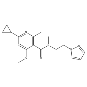 2-Cyclopropyl-N,4-dimethyl-6-methylsulfanyl-N-(2-pyrazol-1-ylethyl)pyrimidine-5-carboxamide结构式