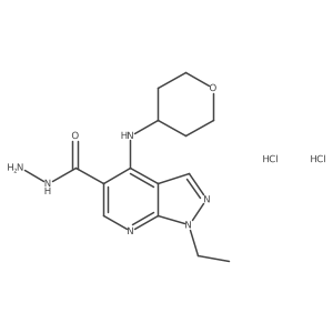 1-ethyl-4-(tetrahydro-2H-pyran-4-ylamino)-1H-pyrazolo[3,4-b]pyridine-5-carbohydrazide dihydrochloride结构式