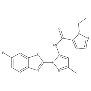 1-ethyl-N-(1-(6-fluorobenzo[d]thiazol-2-yl)-3-methyl-1H-pyrazol-5-yl)-1H-pyrazole-5-carboxamide结构式