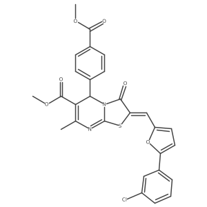 Methyl 2-((5-(3-chlorophenyl)furan-2-yl)methylene)-5-(4-(methoxycarbonyl)phenyl)-7-methyl-3-oxo-3,5-dihydro-2H-thiazolo[3,2-a]pyrimidine-6-carboxylate结构式