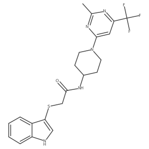 2-((1H-indol-3-yl)thio)-N-(1-(2-methyl-6-(trifluoromethyl)pyrimidin-4-yl)piperidin-4-yl)acetamide结构式