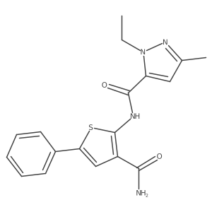 N-(3-carbamoyl-5-phenylthiophen-2-yl)-1-ethyl-3-methyl-1H-pyrazole-5-carboxamide结构式