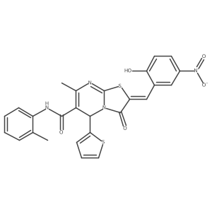 (E)-2-(2-hydroxy-5-nitrobenzylidene)-7-methyl-3-oxo-5-(thiophen-2-yl)-N-(o-tolyl)-3,5-dihydro-2H-thiazolo[3,2-a]pyrimidine-6-carboxamide Structure