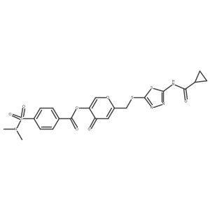 6-(((5-(cyclopropanecarboxamido)-1,3,4-thiadiazol-2-yl)thio)methyl)-4-oxo-4H-pyran-3-yl 4-(N,N-dimethylsulfamoyl)benzoate结构式