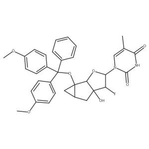 1-((2R,3S,3aR,4aR,5aR,5bS)-5a-(Bis(4-methoxyphenyl)(phenyl)methoxy)-3-fluoro-3a-hydroxyoctahydrocyclopropa[4,5]cyclopenta[1,2-b]furan-2-yl)-5-methylpyrimidine-2,4(1H,3H)-dione结构式