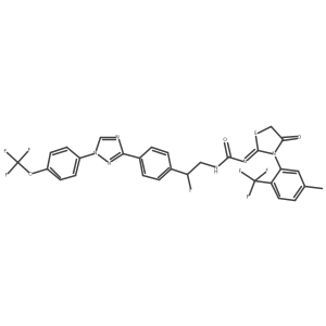 1-[2-fluoro-2-(4-{1-[4-(trifluoromethoxy)phenyl]-1H-1,2,4-triazol-3-yl}phenyl)ethyl]-3-[(2Z)-3-[5-methyl-2-(trifluoromethyl)phenyl]-4-oxo-1,3-thiazolidin-2-ylidene]urea结构式