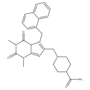 1-[[1,3-dimethyl-7-(naphthalen-1-ylmethyl)-2,6-dioxo-5H-purin-7-ium-8-yl]methyl]piperidine-4-carboxamide结构式