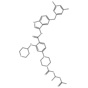 1-acetyloxyethyl 4-[4-[[5-[(3,5-difluorophenyl)methyl]-1H-indazol-3-yl]carbamoyl]-3-(oxan-4-ylamino)phenyl]piperazine-1-carboxylate Structure