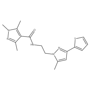 1,3,5-trimethyl-N-(2-(5-methyl-3-(thiophen-2-yl)-1H-pyrazol-1-yl)ethyl)-1H-pyrazole-4-carboxamide结构式