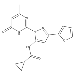N-(3-(furan-2-yl)-1-(4-methyl-6-oxo-1,6-dihydropyrimidin-2-yl)-1H-pyrazol-5-yl)cyclopropanecarboxamide结构式