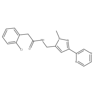 2-(2-chlorophenyl)-N-((1-methyl-3-(pyrazin-2-yl)-1H-pyrazol-5-yl)methyl)acetamide结构式