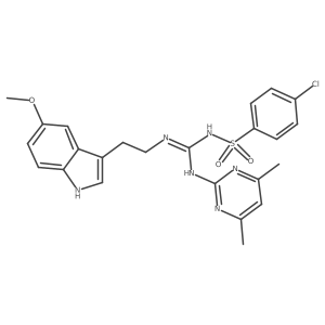 4-chloro-N-[(E)-[(4,6-dimethylpyrimidin-2-yl)amino]{[2-(5-methoxy-1H-indol-3-yl)ethyl]amino}methylidene]benzenesulfonamide结构式