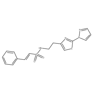(E)-N-(2-(2-(1H-pyrazol-1-yl)thiazol-4-yl)ethyl)-2-phenylethenesulfonamide结构式