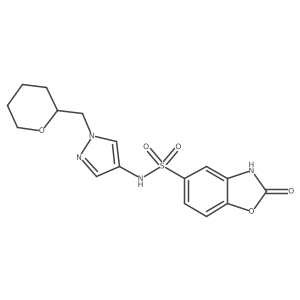 2-oxo-N-(1-((tetrahydro-2H-pyran-2-yl)methyl)-1H-pyrazol-4-yl)-2,3-dihydrobenzo[d]oxazole-5-sulfonamide结构式