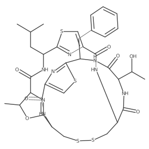 Cyclo((4S,5R)-2-((1R)-1-amino-2-mercaptoethyl)-4,5-dihydro-5-methyl-4-oxazolecarbonyl-2-((1R)-1-amino-3-methylbutyl)-4-thiazolecarbonyl-L-cysteinyl-L-threonyl-2-((1R)-1-amino-2-phenylethyl)-4-thiazolecarbonyl), cyclic (1-3)-disulfide Structure
