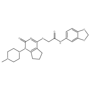 N-(benzo[d][1,3]dioxol-5-yl)-2-((1-(4-methylpiperazin-1-yl)-2-oxo-2,5,6,7-tetrahydro-1H-cyclopenta[d]pyrimidin-4-yl)thio)acetamide结构式