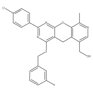 [5-(4-Chlorophenyl)-7-{[(3-fluorophenyl)methyl]sulfanyl}-14-methyl-2-oxa-4,6,13-triazatricyclo[8.4.0.0^{3,8}]tetradeca-1(10),3(8),4,6,11,13-hexaen-11-yl]methanol结构式