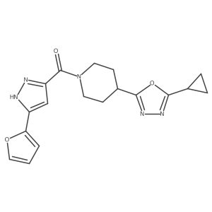 (4-(5-cyclopropyl-1,3,4-oxadiazol-2-yl)piperidin-1-yl)(3-(furan-2-yl)-1H-pyrazol-5-yl)methanone结构式