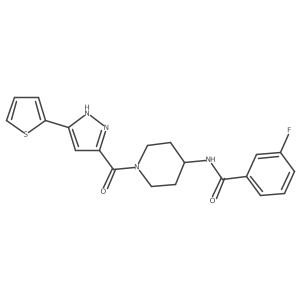3-fluoro-N-(1-(3-(thiophen-2-yl)-1H-pyrazole-5-carbonyl)piperidin-4-yl)benzamide Structure