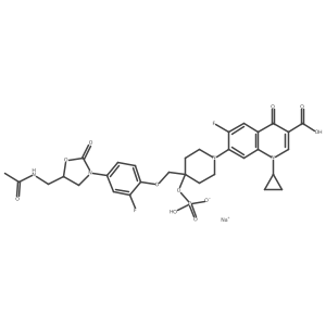 3-Quinolinecarboxylic acid, 7-(4-((4-((5S)-5-((acetylamino)methyl)-2-oxo-3-oxazolidinyl)-2-fluorophenoxy)methyl)-4-(phosphonooxy)-1-piperidinyl)-1-cyclopropyl-6-fluoro-1,4-dihydro-4-oxo-, sodium salt结构式