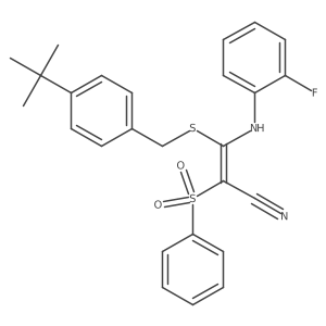 (2E)-3-[(4-tert-butylbenzyl)thio]-3-[(2-fluorophenyl)amino]-2-(phenylsulfonyl)acrylonitrile Structure