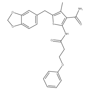 5-(Benzo[d][1,3]dioxol-5-ylmethyl)-4-methyl-2-(3-phenoxypropanamido)thiophene-3-carboxamide结构式