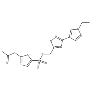 N-(5-(N-((3-(1-ethyl-1H-pyrazol-4-yl)-1,2,4-oxadiazol-5-yl)methyl)sulfamoyl)thiazol-2-yl)acetamide结构式