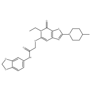N-(2H-1,3-benzodioxol-5-yl)-2-{[6-ethyl-2-(4-methylpiperidin-1-yl)-7-oxo-6H,7H-[1,3]thiazolo[4,5-d]pyrimidin-5-yl]sulfanyl}acetamide结构式