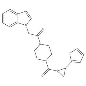 2-(1H-indol-1-yl)-1-(4-(2-(thiophen-2-yl)cyclopropanecarbonyl)piperazin-1-yl)ethanone Structure