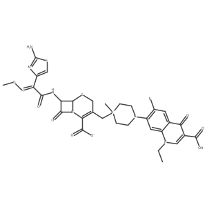 Piperazinium, 1-[[7-[[(2-amino-4-thiazolyl)(methoxyimino)acetyl]amino]-2-carboxy-8-oxo-5-thia-1-azabicyclo[4.2.0]oct-2-en-3-yl]methyl]-4-(3-carboxy-1-ethyl-6-fluoro-1,4-dihydro-4-oxo-7-quinolinyl)-1-methyl-, inner salt, [6R-[6I+/-,7I(2)(Z)]]-结构式
