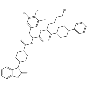 1-Piperidinecarboxamide, N-[(1R)-2-[[(1S)-5-amino-1-[[4-(4-pyridinyl)-1-piperazinyl]carbonyl]pentyl]amino]-1-[(3,5-dibromo-4-hydroxyphenyl)methyl]-2-oxoethyl]-4-(2-oxo-3(2H)-benzoxazolyl)- Structure