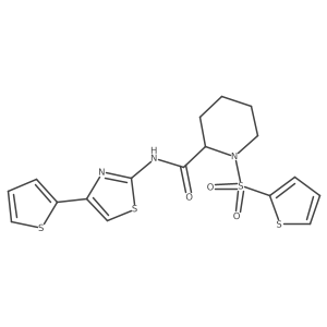 N-(4-(thiophen-2-yl)thiazol-2-yl)-1-(thiophen-2-ylsulfonyl)piperidine-2-carboxamide结构式