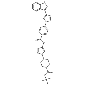 tert-butyl 4-[4-({4-[4-(1H-indazol-3-yl)-1H-1,2,3-triazol-1-yl]benzoyl}amino)-1H-pyrazol-1-yl]piperidine-1-carboxylate Structure