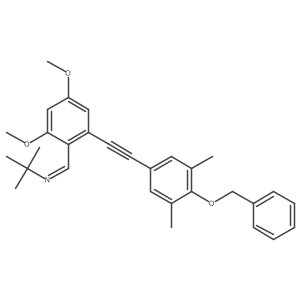 (E)-N-(2-(2-(4-(benzyloxy)-3,5-dimethylphenyl)ethynyl)-4,6-dimethoxybenzylidene)-2-methylpropan-2-amine结构式