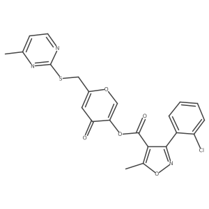 6-(((4-methylpyrimidin-2-yl)thio)methyl)-4-oxo-4H-pyran-3-yl 3-(2-chlorophenyl)-5-methylisoxazole-4-carboxylate结构式