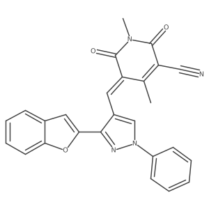 5-{[3-(1-benzofuran-2-yl)-1-phenyl-1H-pyrazol-4-yl]methylidene}-1,4-dimethyl-2,6-dioxo-1,2,5,6-tetrahydropyridine-3-carbonitrile结构式