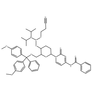 (2R,3S,6R)-6-(4-Benzamido-2-oxopyrimidin-1(2H)-yl)-2-((bis(4-methoxyphenyl)(phenyl)methoxy)methyl)tetrahydro-2H-pyran-3-yl (2-cyanoethyl) (R)-diisopropylphosphoramidite结构式