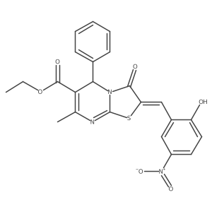 (E)-ethyl 2-(2-hydroxy-5-nitrobenzylidene)-7-methyl-3-oxo-5-phenyl-3,5-dihydro-2H-thiazolo[3,2-a]pyrimidine-6-carboxylate结构式
