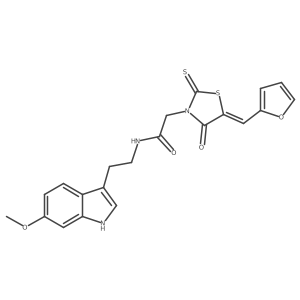2-[(5Z)-5-(furan-2-ylmethylidene)-4-oxo-2-thioxo-1,3-thiazolidin-3-yl]-N-[2-(6-methoxy-1H-indol-3-yl)ethyl]acetamide结构式