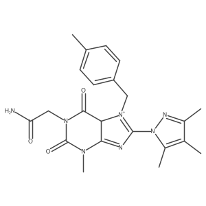 2-[3-methyl-7-[(4-methylphenyl)methyl]-2,6-dioxo-8-(3,4,5-trimethylpyrazol-1-yl)-5H-purin-7-ium-1-yl]acetamide结构式