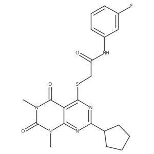 2-(7-cyclopentyl-1,3-dimethyl-2,4-dioxo-pyrimido[4,5-d]pyrimidin-5-yl)sulfanyl-N-(3-fluorophenyl)acetamide Structure