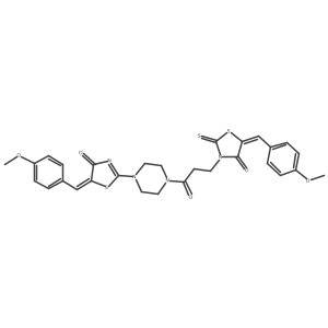 (E)-5-(4-methoxybenzylidene)-2-(4-(3-((E)-5-(4-methoxybenzylidene)-4-oxo-2-thioxothiazolidin-3-yl)propanoyl)piperazin-1-yl)thiazol-4(5H)-one Structure